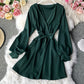 Simple v neck short dress long sleeve dress  956