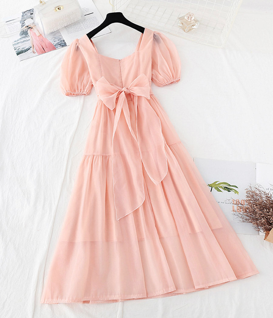 Pink chiffon A line dress short sleeve dress  1130
