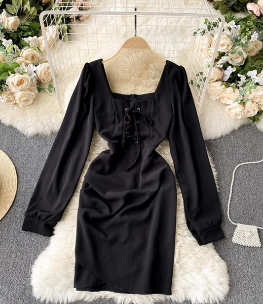 Cute long sleeve dress lace up dress  738