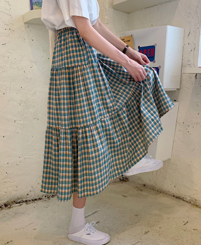 Green plaid skirt A line skirt  3494