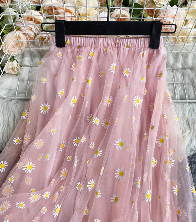 Jolie jupe trapèze en tulle à petites marguerites 3503
