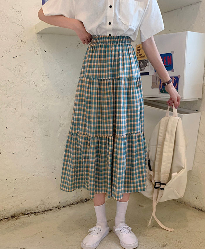 Green plaid skirt A line skirt  3494