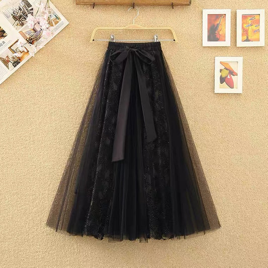 Jupe trapèze féerique, nouveau style, nœud, coutures en dentelle, jupe taille haute en maille, jupe longue en gaze hirsute 3520