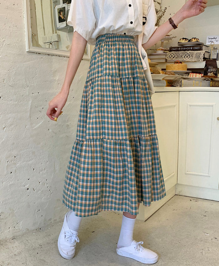 Green plaid skirt A line skirt  3494