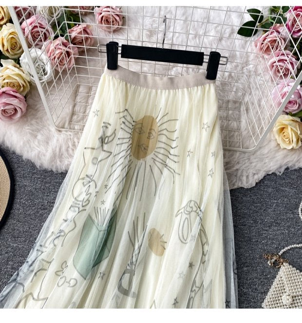 Jupe trapèze taille haute en gaze imprimée à grande taille, jupe plissée, jupe mi-longue en gaze 3522