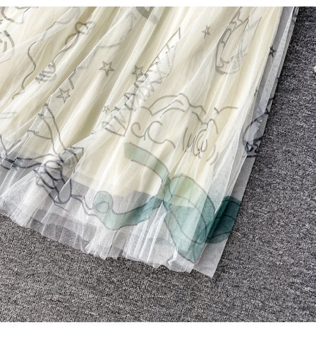 Jupe trapèze taille haute en gaze imprimée à grande taille, jupe plissée, jupe mi-longue en gaze 3522