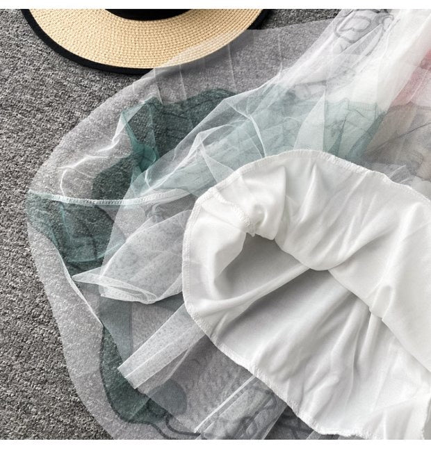 Jupe trapèze taille haute en gaze imprimée à grande taille, jupe plissée, jupe mi-longue en gaze 3522