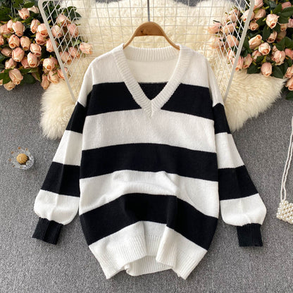 Simple V-neck knitted top long sleeve sweater  007