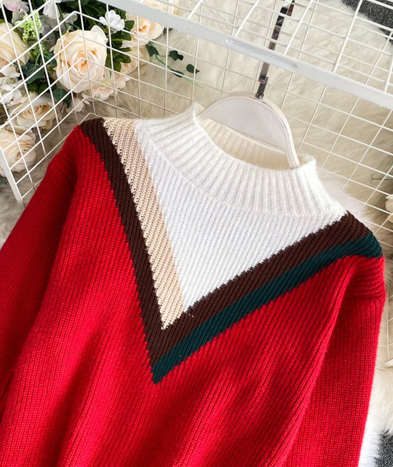 Red round neck long sleeve sweater  067