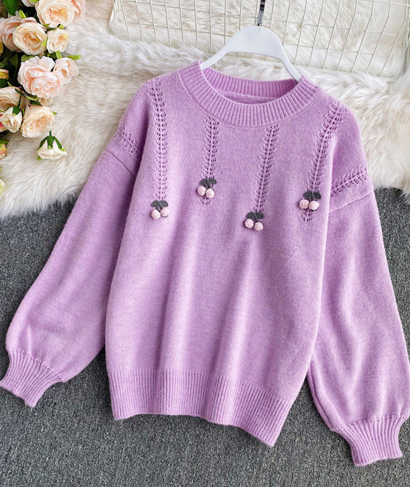 Süßer Langarm-Pullover mit Rundhalsausschnitt Cherry Sweater 101
