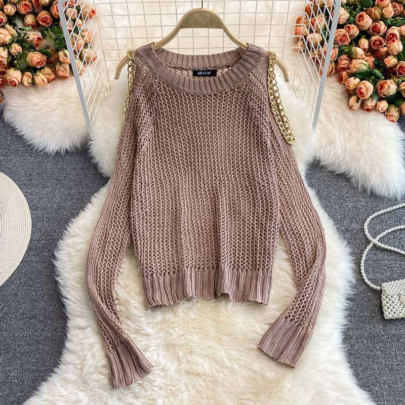 Cute cut-out long-sleeved sweater off shoulder sweater  038