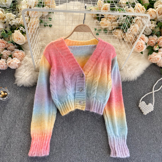 Regenbogen-Strickjacke mit langen Ärmeln und kurzem Pullover 022
