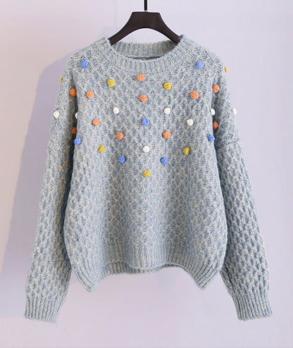 Colorful pom poms embellished round neck chunky sweater  062