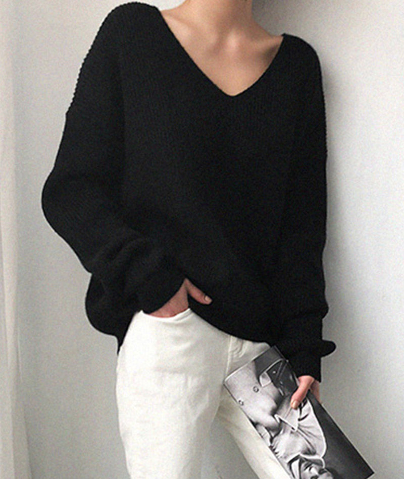 Simple v neck neck sweater long sleeve sweater  113