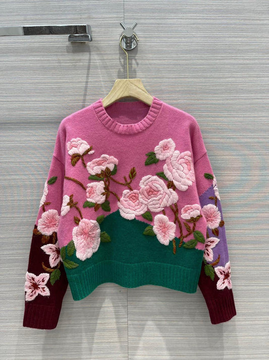 Lovely embroidered flowers long sleeve sweater  018