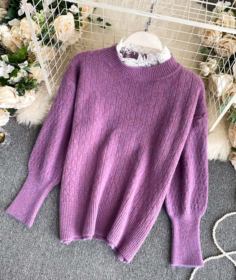 Cute round neck lace long sleeve sweater  068