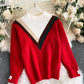 Red round neck long sleeve sweater  067