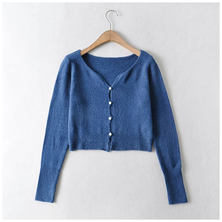 V-neck waist with exposed navel and long sleeve knitted cardigan  7229