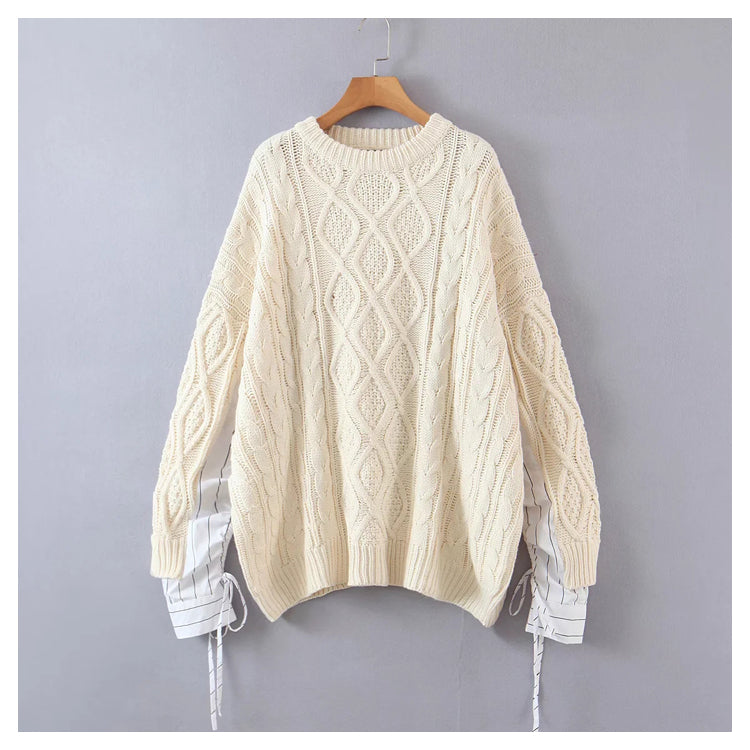 Design sense splicing sleeve round neck Pullover medium length sweater  7477