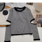Design sense hollowed out long sleeve sweater slim striped top  6602