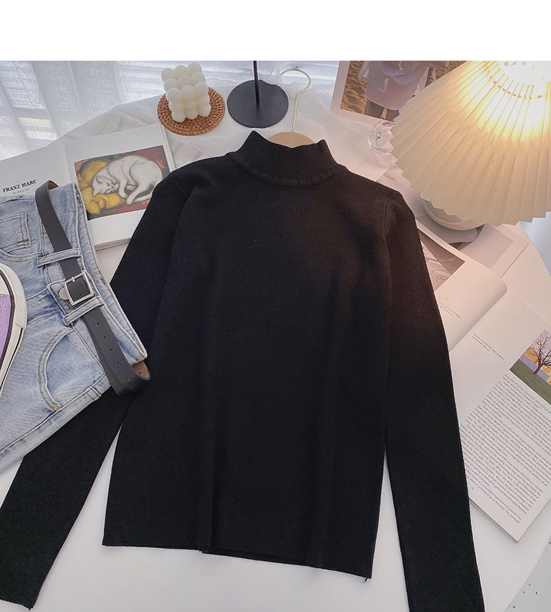 Einfarbiger, einfacher und vielseitiger Stehkragen-Pullover mit langen Ärmeln, Strickoberteil 6655