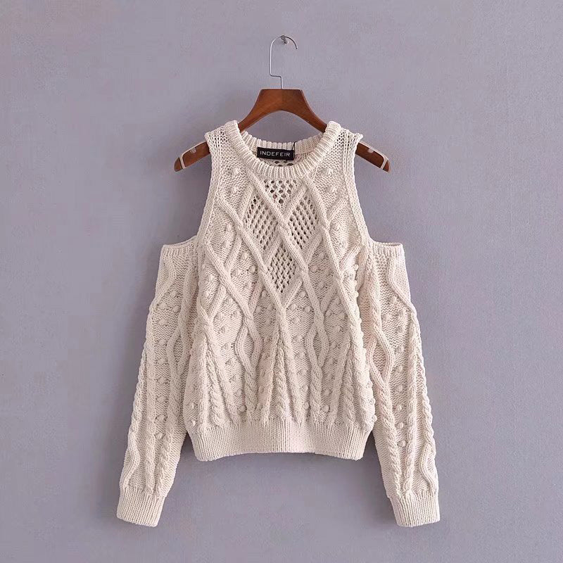 New fashion temperament hollow sweater off shoulder crew neck sweater  7205