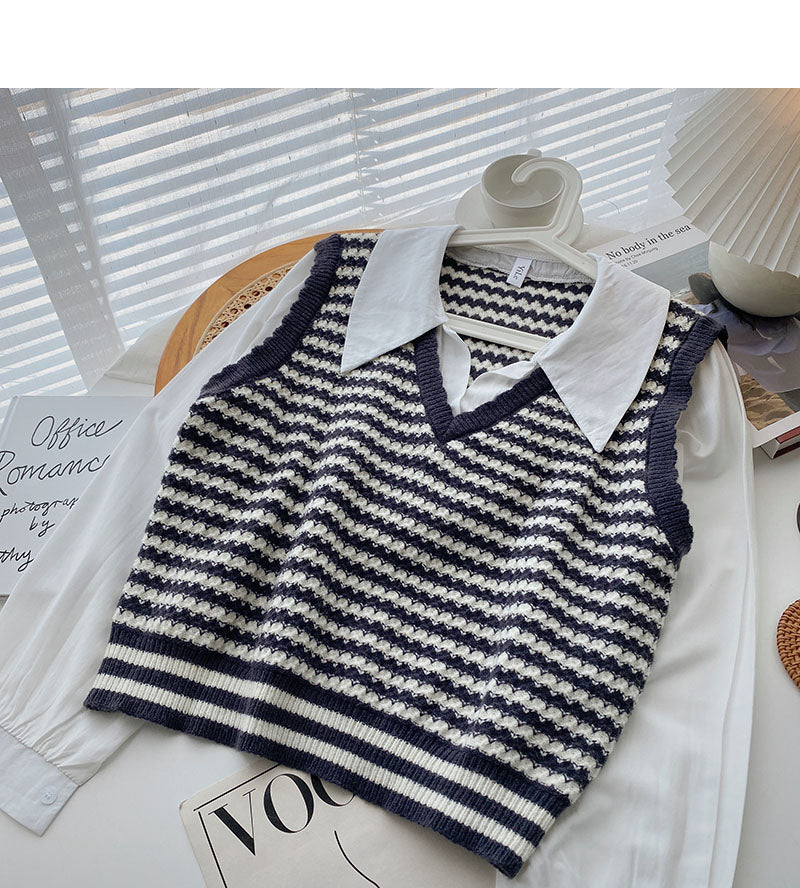 A trendy long sleeved shirt with small foreign style knitted stripe stitching  6331