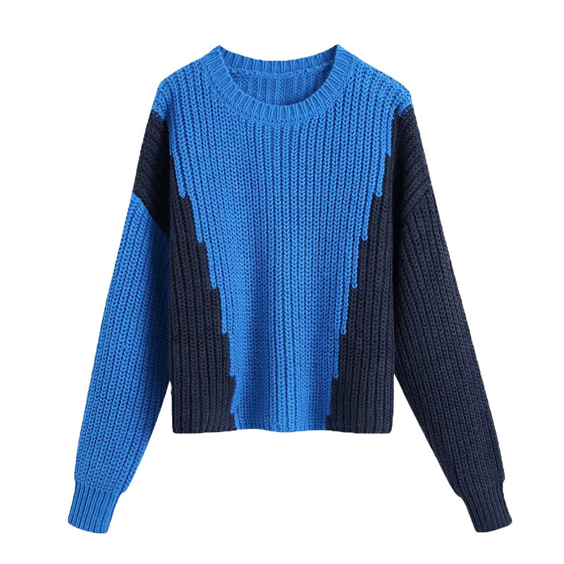 New fashion round neck long sleeve color matching sweater sweater  7206