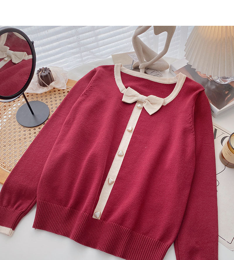 Gentle temperament thin retro bow color matching long sleeve top  6675