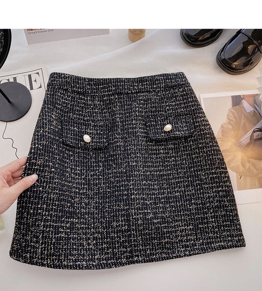 Korean retro small fragrance bright silk high waist A-shaped skirt  5393