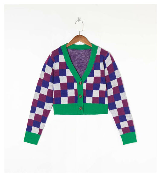 Vintage Spice Girl contrast Plaid V-neck knit cardigan  7256