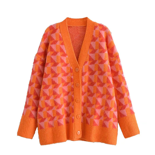 New geometric jacquard sweater jacket loose lazy cardigan  7414