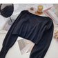Simple solid color square neck long sleeve short top  6679