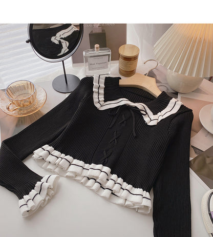 Lace doll neck strap contrast knit college top  6482