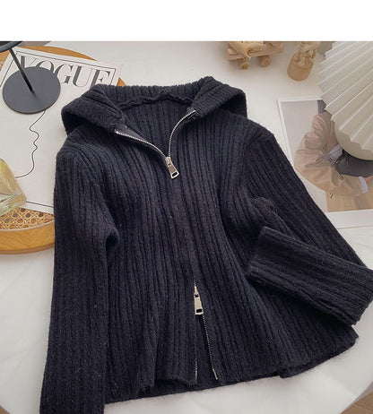 Cardigan hooded knitted coat solid short top  6590