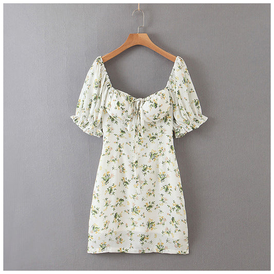 French retro court style square neck lace up bubble sleeve dress  7063