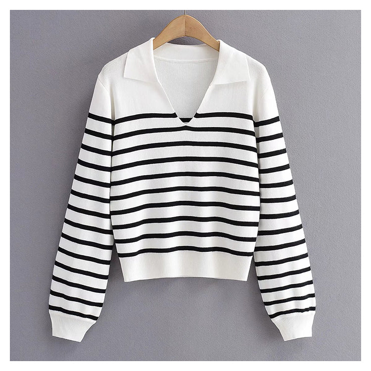 Minority retro lazy black and white striped sweater knitwear female  7493