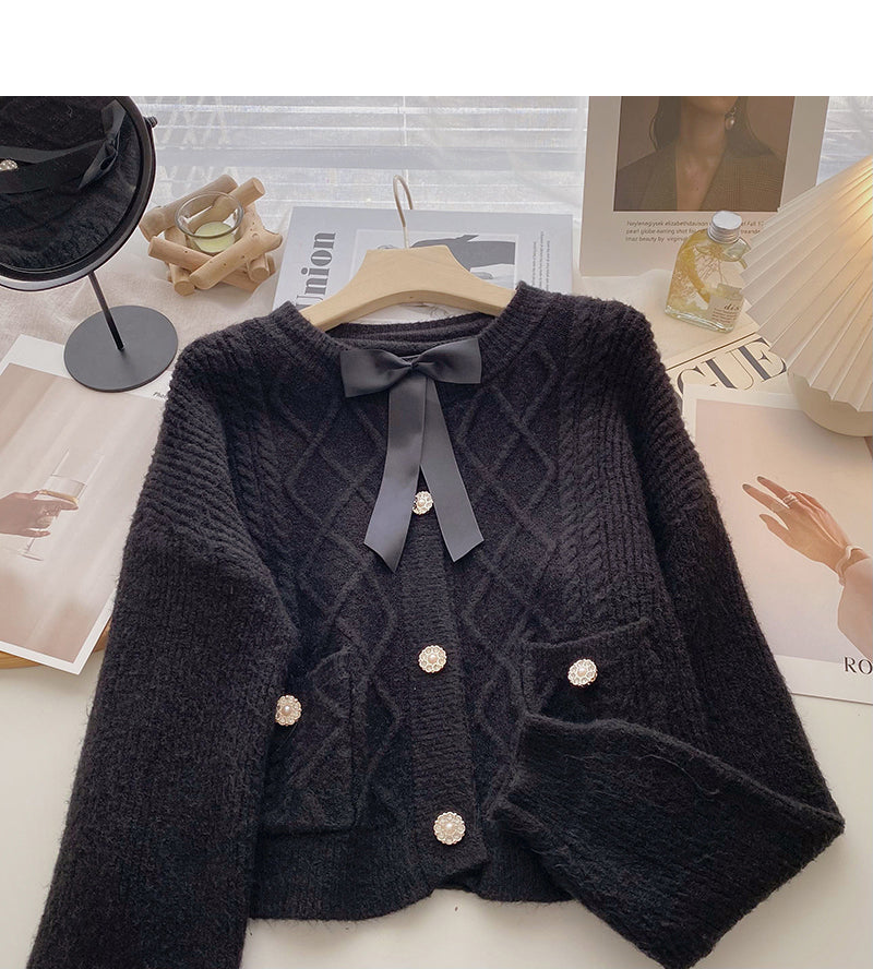 Round neck Vintage bow sweater coat  6195