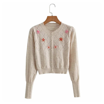 Embroidered breasted long sleeved knitted cardigan  7251