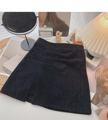 New Korean simple retro solid color pleated hip A-line skirt  5621