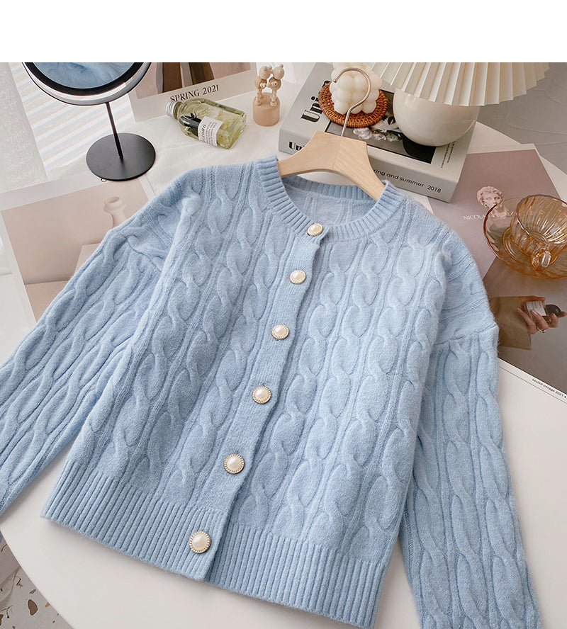 Single breasted crew neck solid twist sweater coat  6175