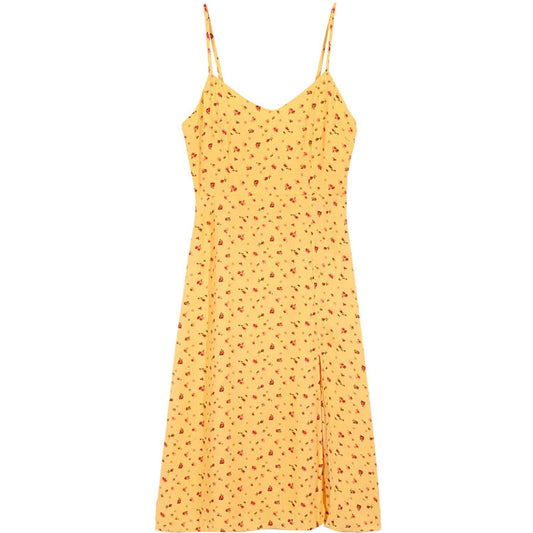 Sanfter Wind, geblümtes Strapskleid über dem Knieschlitzrock 7097