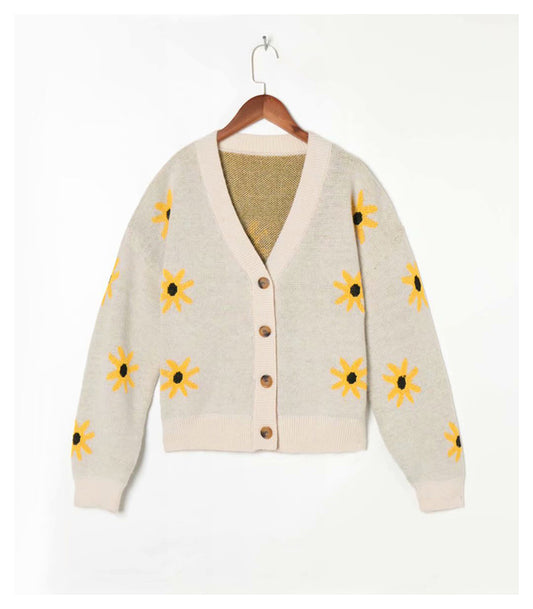 V-neck flower printed knitted cardigan autumn sweater coat  7257
