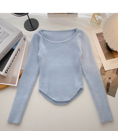 Design sense knitwear short irregular long sleeve top  6614