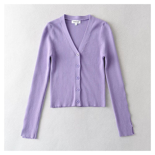 V-neck single breasted high waist open navel knitted cardigan  7385