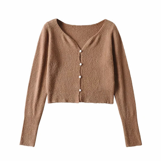 V-neck waist with exposed navel and long sleeve knitted cardigan  7229