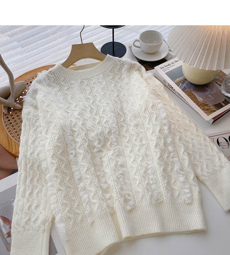 Design sense wavy lace sweater loose sweet crew neck top  6088