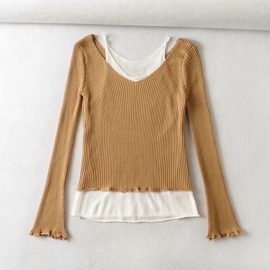 Design sense versatile fake two off shoulder contrast slim fit knitwear  7386