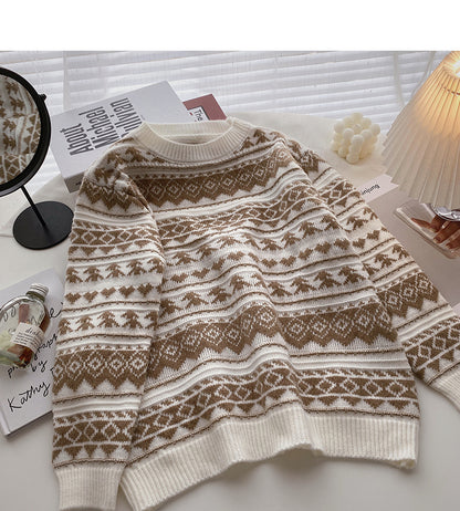 Contrast Vintage jacquard loose Pullover long sleeve sweater  5920