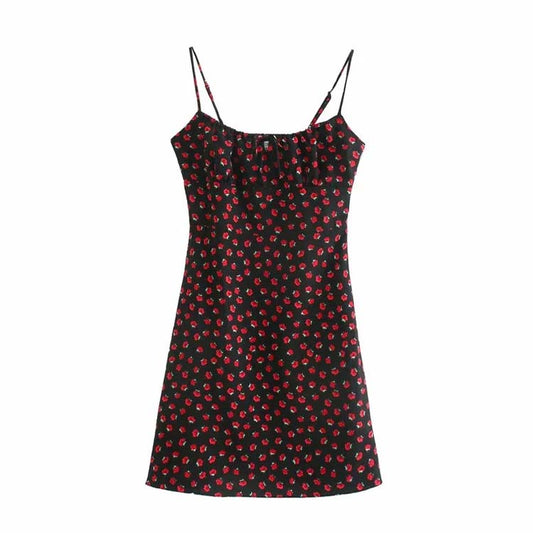 Französische Minderheit Retro Mädchen Rose gebrochene Blume dünner Hosenträgerrock mit hoher Taille 7125